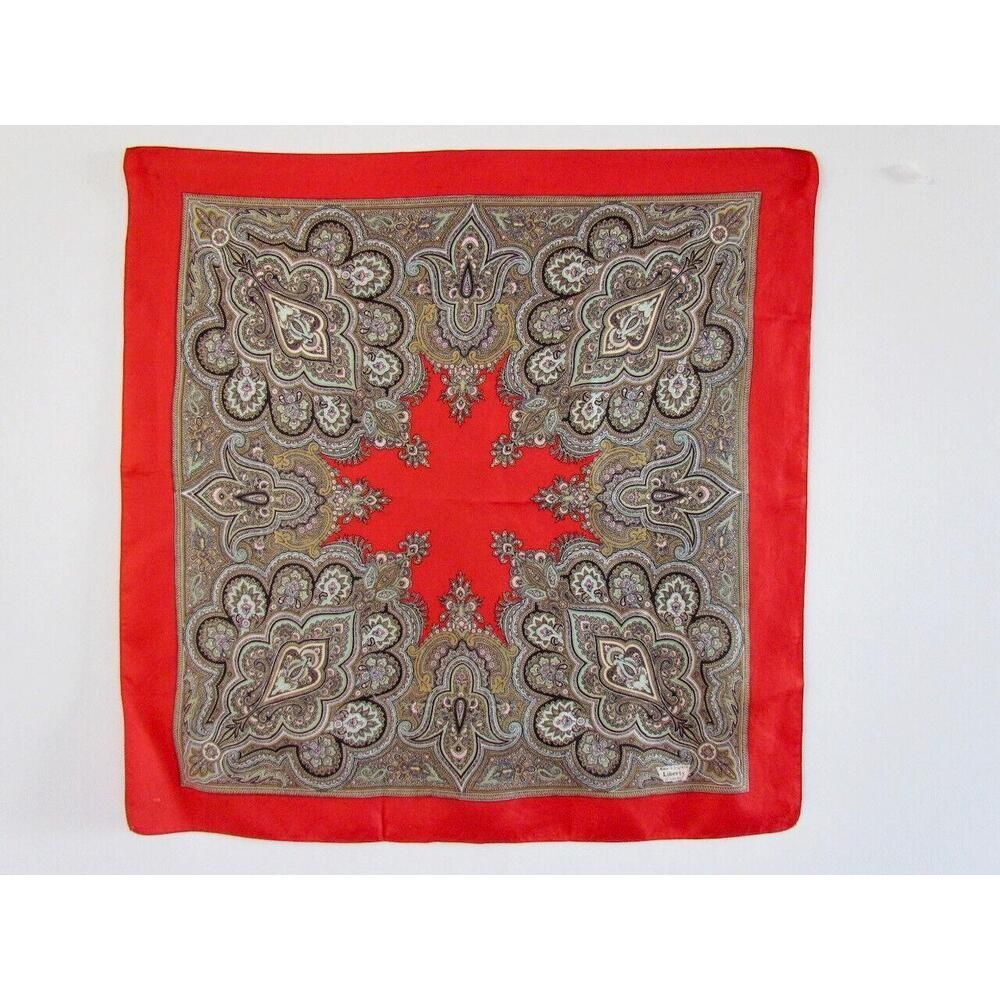 Vintage Liberty Of London Silk Scarf 23 x 23 in Pink Olive Fleur De Lis Red